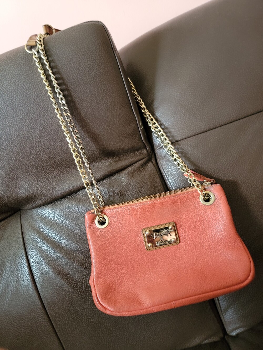 Valentina Pebble Leather Shoulder Bag with Gold Chain